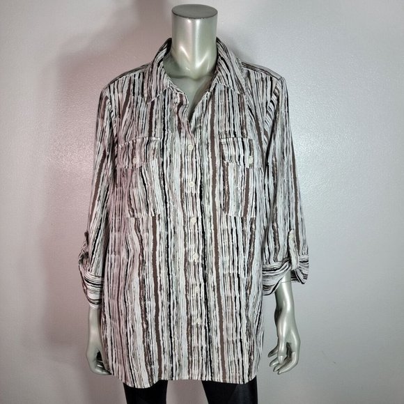 Maggie Barnes Shirt Plus Size 18/20W Roll Tab Sleeve Pockets Stretch Brown - Picture 2 of 6